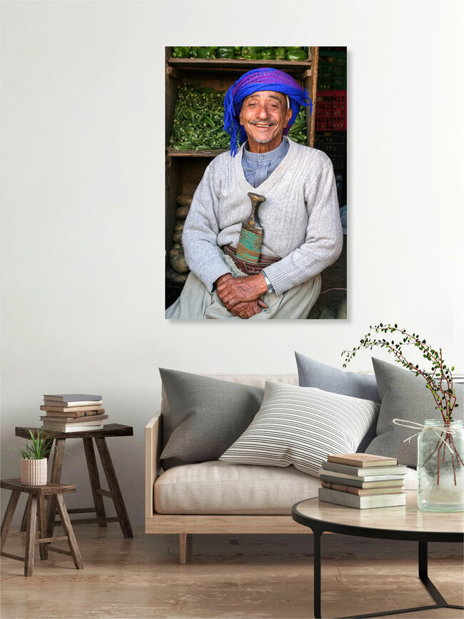 Smiling market trader in the bazaar of Sana'a, Jemen, Yemen – wall art by Christine Wawra as Poster or Acrylic Glass Print