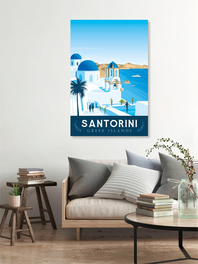 Santorini Vintage Travel Wandbild, Griechenland – Fotokunst von François Beutier als Poster oder Acrylglasbild