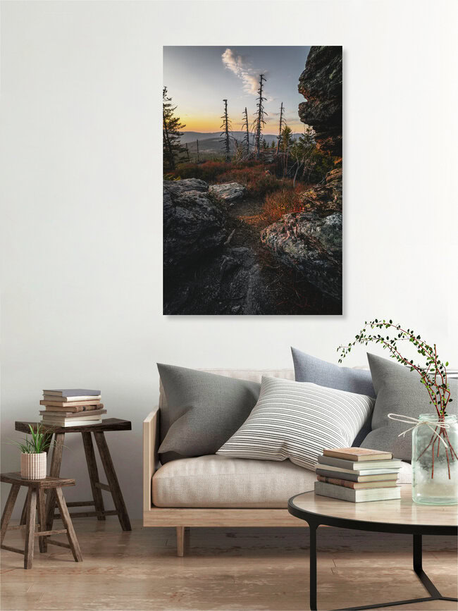 Sonnenuntergang im Waldmeer, Deutschland – Fotokunst von Florian Eichinger als Poster oder Acrylglasbild