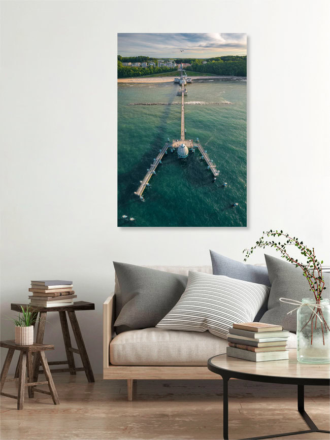 Seebrücke Sellin auf Rügen Luftaufnahme, Deutschland – Fotokunst von Jean Claude Castor als Poster oder Acrylglasbild