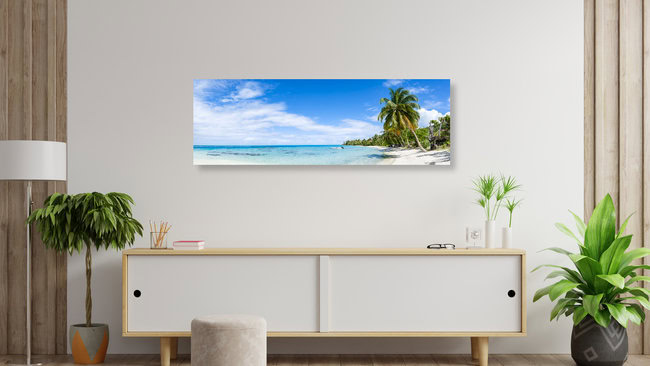 Matira Beach Panorama, Französisch-Polynesien – Fotokunst von Jan Becke als Poster oder Acrylglasbild