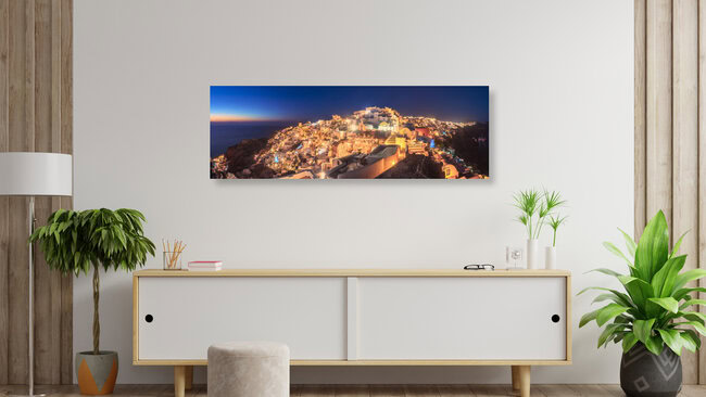 Greece Santorini Oia Panorama Blue Hour, Greece – wall art by Jean Claude Castor as Poster or Acrylic Glass Print