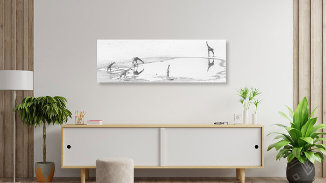Giraffes at the waterhole in the Etosha Nationalpark Namibia, Namibia – wall art by Dennis Wehrmann as Poster or Acrylic Glass Print