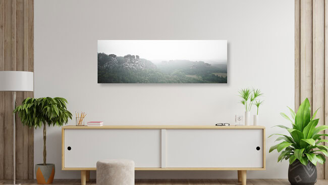 Morning fog at the Elbe sandstone mountains, Germany – wall art by Dennis Wehrmann as Poster or Acrylic Glass Print