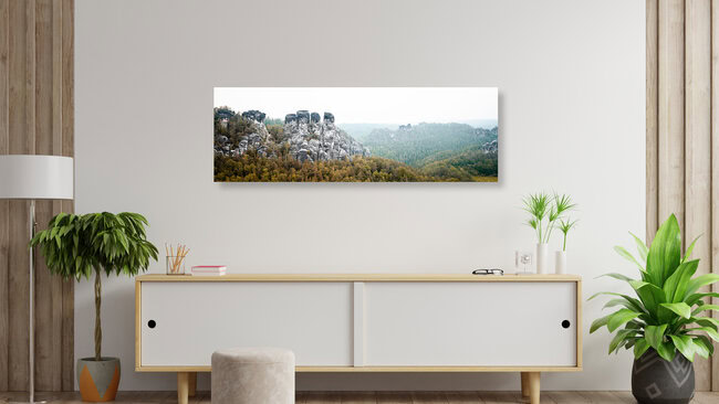 Morning fog sandstone mountains saxony, Germany – wall art by Dennis Wehrmann as Poster or Acrylic Glass Print