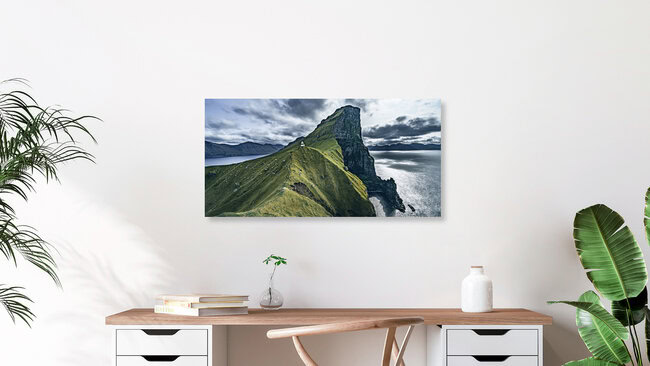 Lighthouse Kallur at the cliffs of Kalsoy, Faroe Islands – wall art by Franz Sussbauer as Poster or Acrylic Glass Print