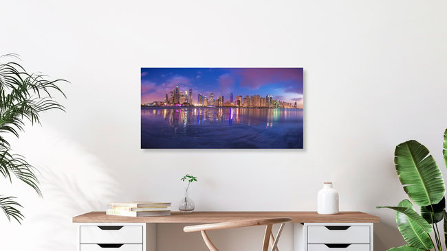 Dubai Marina Beach Skyline Panorama Blue Hour, United Arab Emirates – wall art by Jean Claude Castor as Poster or Acrylic Glass Print