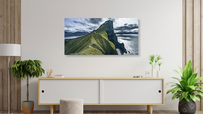 Lighthouse Kallur at the cliffs of Kalsoy, Faroe Islands – wall art by Franz Sussbauer as Poster or Acrylic Glass Print