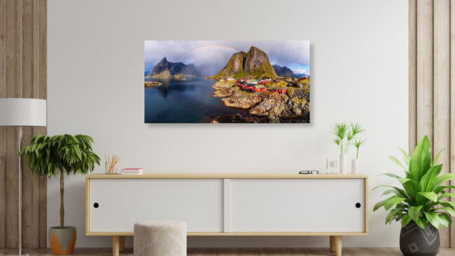 Regenbogen über Hamnoy, Norwegen – Fotokunst von Achim Thomae als Poster oder Acrylglasbild