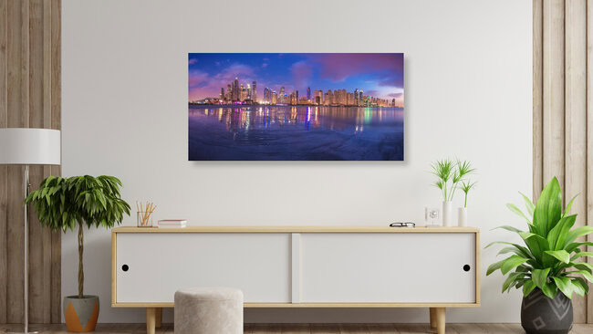 Dubai Marina Beach Skyline Panorama Blue Hour, United Arab Emirates – wall art by Jean Claude Castor as Poster or Acrylic Glass Print