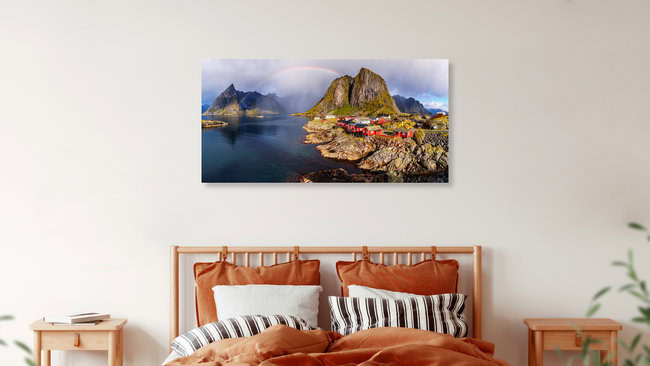 Regenbogen über Hamnoy, Norwegen – Fotokunst von Achim Thomae als Poster oder Acrylglasbild