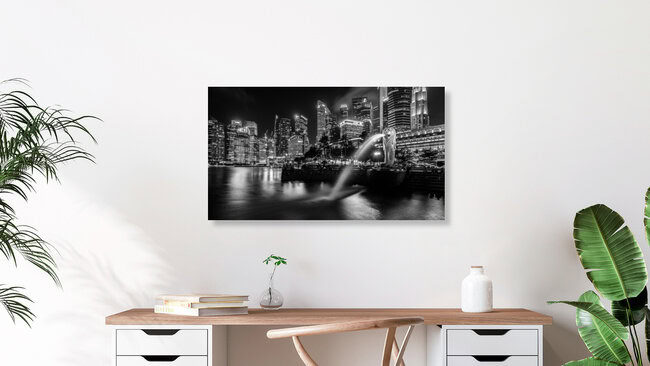 Singapur - Merlion s/w, Singapur – Fotokunst von Sebastian Rost als Poster oder Acrylglasbild