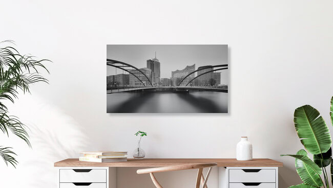Panorama Elbphilharmonie und Niederbaumbrücke Hamburg, Deutschland – Fotokunst von Dennis Wehrmann als Poster oder Acrylglasbild