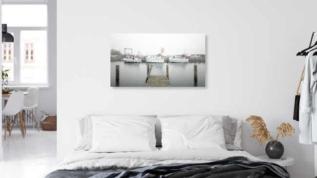 Fishing boats in mist, Germany – wall art by Dennis Wehrmann as Poster or Acrylic Glass Print