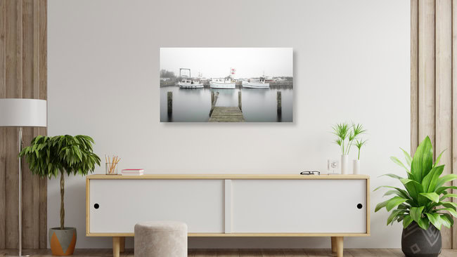 Fishing boats in mist, Germany – wall art by Dennis Wehrmann as Poster or Acrylic Glass Print