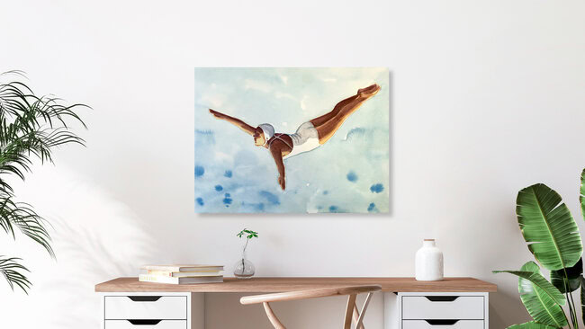 Wandbild 'Turmspringer in Blau' – Kunst von Sarah Morrissette als Poster oder Acrylglasbild