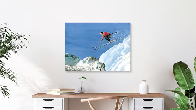 Wandbild 'Skifahrer in einem roten Pullover' – Kunst von Sarah Morrissette als Poster oder Acrylglasbild