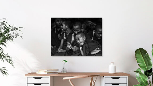buddhist monks contemplating, Nepal – Fotokunst von Jagdev Singh als Poster oder Acrylglasbild