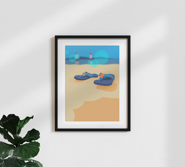 'Flip flops on the beach' – Wall Art by Pia Kolle as Poster or Acrylic Glass Print