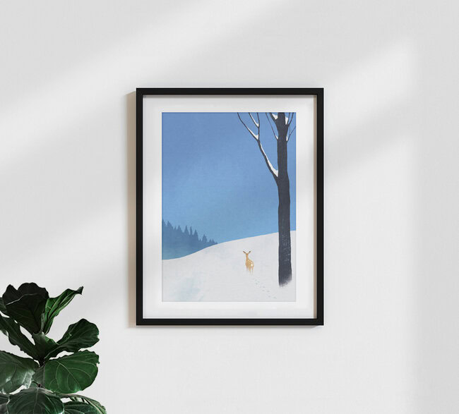 Wandbild 'Reh im Schnee' – Kunst von Henry Rivers als Poster oder Acrylglasbild