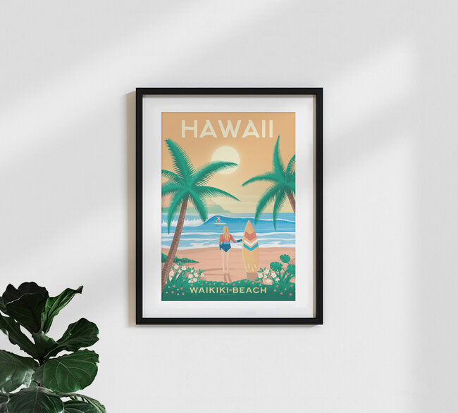 Wandbild 'Hawai Waikiki Beach Travel Poster Art Print' – Kunst von François Beutier als Poster oder Acrylglasbild