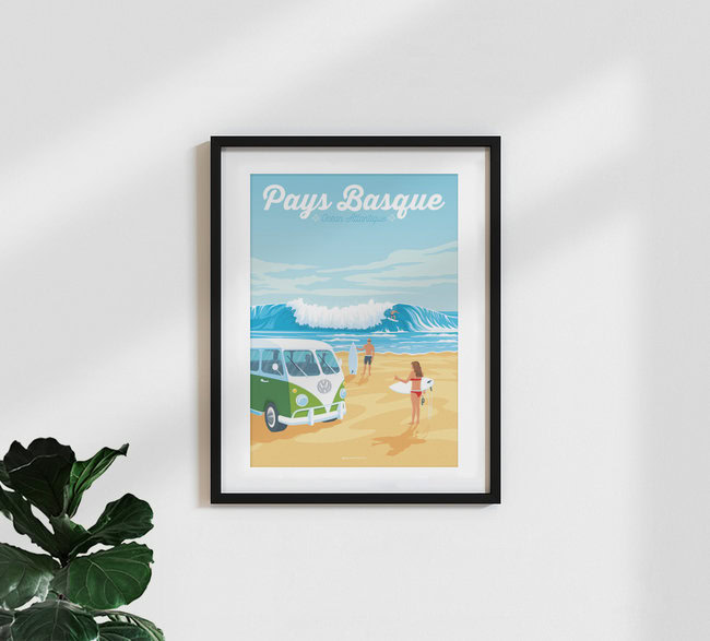 Wandbild 'Basque Country beach travel poster art print' – Kunst von François Beutier als Poster oder Acrylglasbild