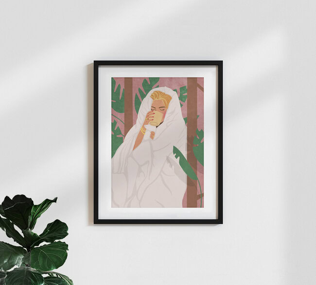 Illustration von Raissa Oltmanns: eine Frau mit Kaffee, umgeben von Pflanzen, entspannend.