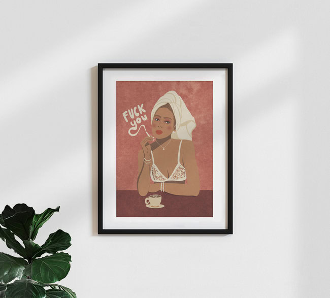 Illustration von Raissa Oltmanns: eine nachdenkliche Frau mit buntem Hintergrund