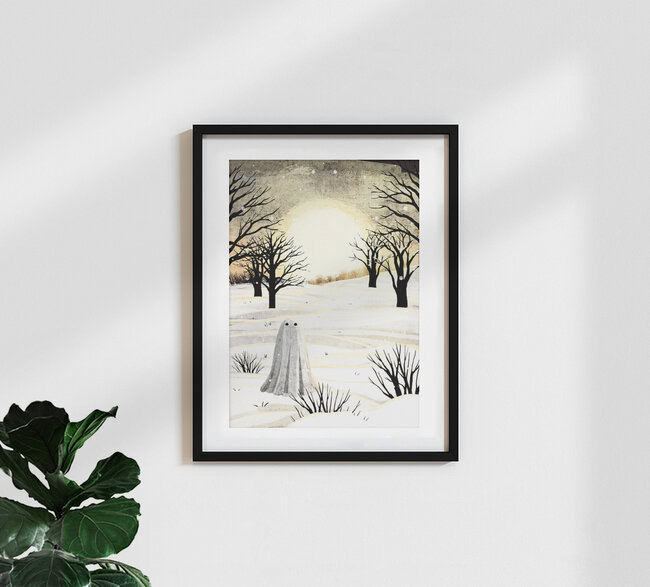 Illustration by Katherine Blower: gentle winter landscape with a ghost and sun rays