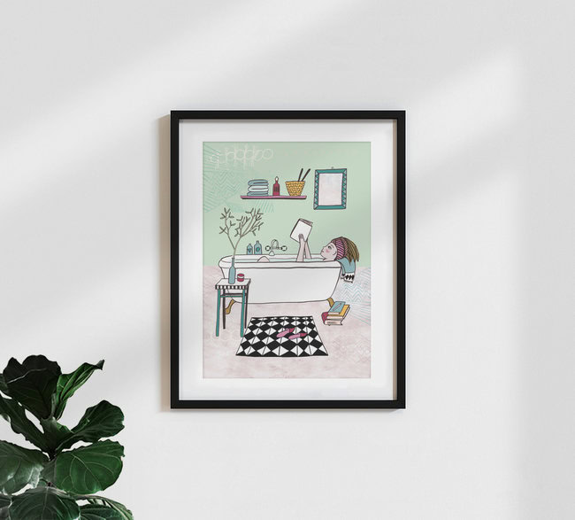 Wandbild 'Lesen! 3: Lesen in der Badewanne' – Kunst von Constanze Guhr als Poster oder Acrylglasbild