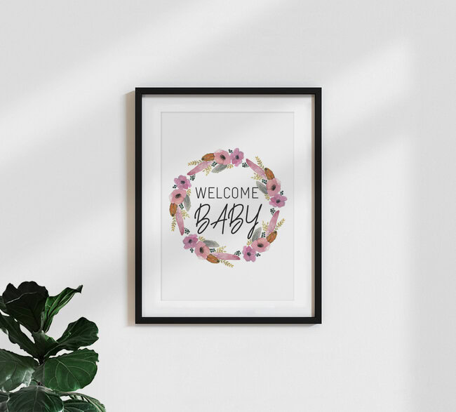 Wandbild 'Kinderbild Welcome Baby Blumenkranz' – Kunst von Christina Wolff als Poster oder Acrylglasbild