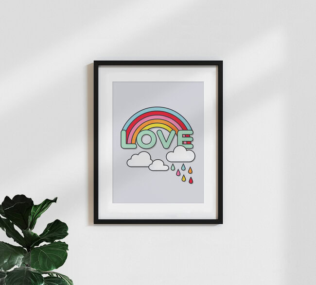 Wandbild 'Rainbow Love Typography' – Kunst von Ania Więcław als Poster oder Acrylglasbild