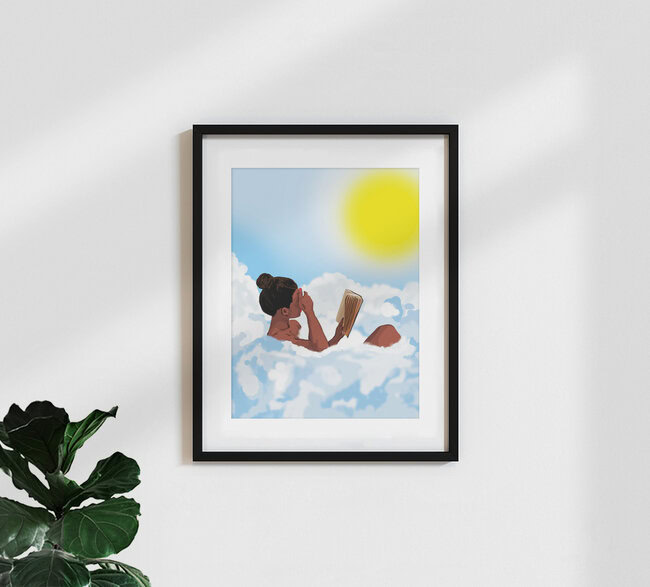 Wandbild 'Reading on Clouds' – Kunst von Uma Gokhale als Poster oder Acrylglasbild