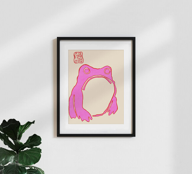 'Pink Grumpy Frog' – Wall Art by Ania Więcław as Poster or Acrylic Glass Print