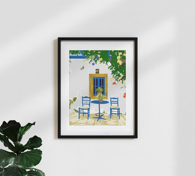 'Greek Vacay For Two, Evil Eye Santorini Travel Summer, Eclectic Travel' – Wall Art by Uma Gokhale as Poster or Acrylic Glass Print