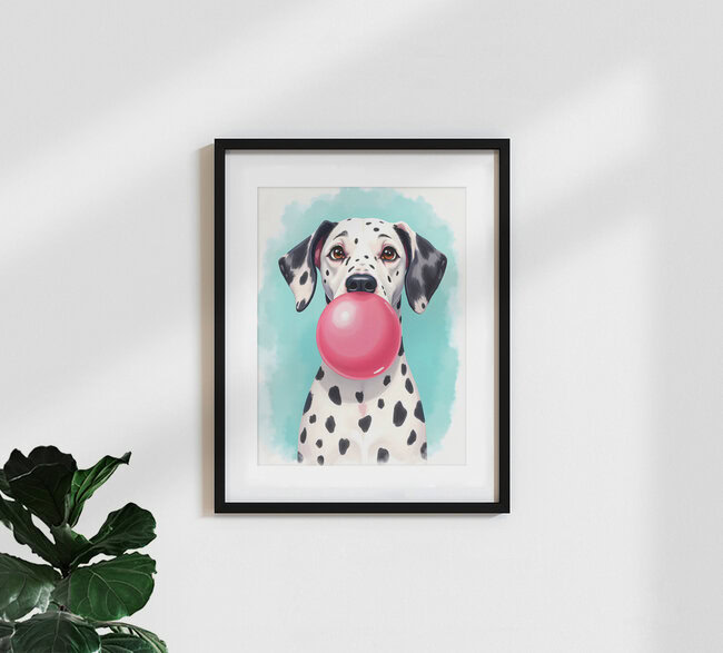 Wandbild 'Bubble Gum Dalmatian Pets Animals Dog Cute Watercolor' – Kunst von Uma Gokhale als Poster oder Acrylglasbild