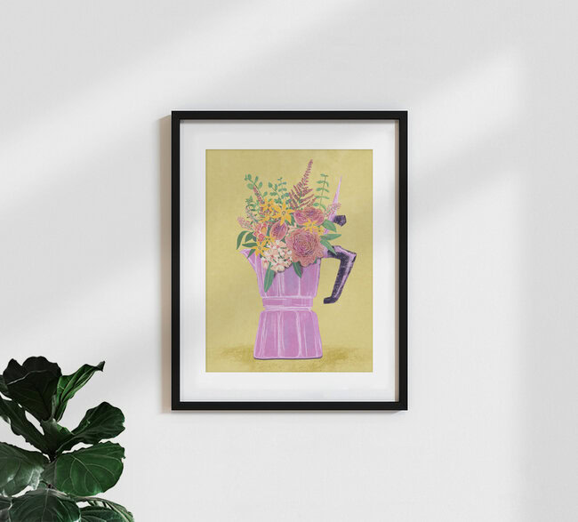 Wandbild 'Bialetti mit Blumen' – Kunst von Raissa Oltmanns als Poster oder Acrylglasbild