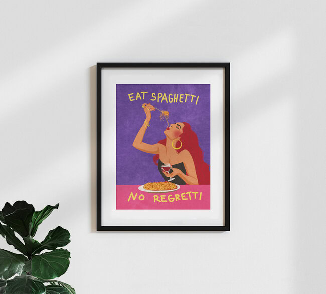 Colorful illustration with a quote about spaghetti and joy