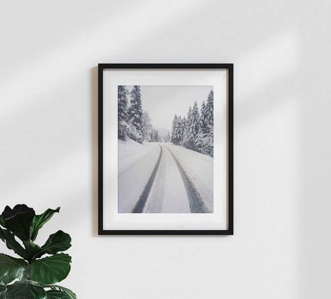 Snowy Road To The Mountains, Germany – wall art by Gergo Kazsimer as Poster or Acrylic Glass Print