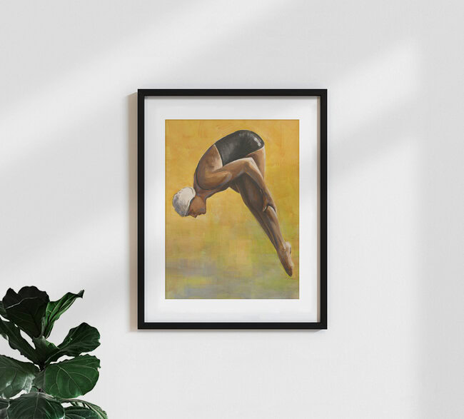 Wandbild 'Hochspringerin (Gelb)' – Kunst von Sarah Morrissette als Poster oder Acrylglasbild