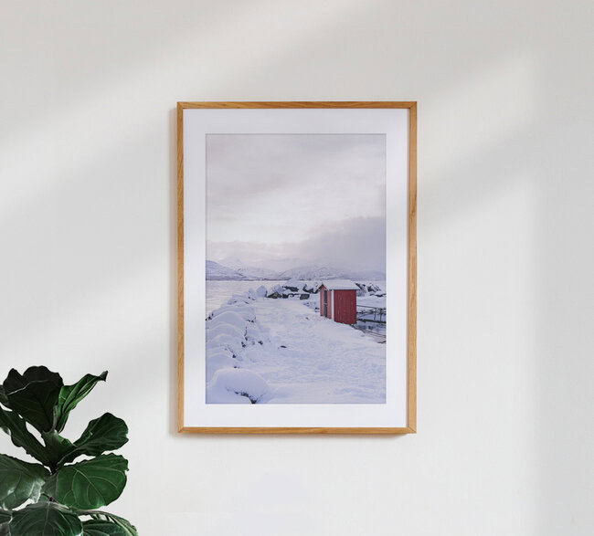 Wintery fjord and red cabin, Senja, Norway – wall art by Eva Stadler as Poster or Acrylic Glass Print