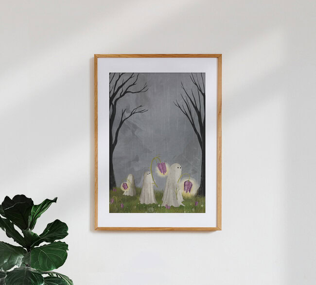 Illustration by Katherine Blower: a ghost surrounded by wildflowers in spring