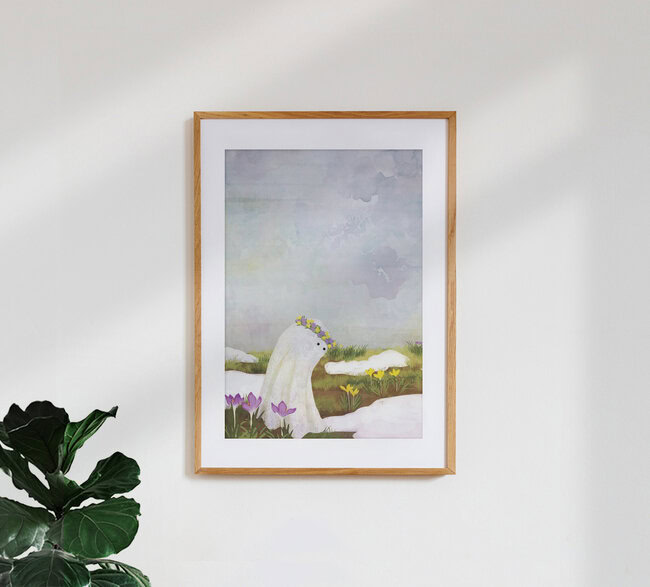 Illustration by Katherine Blower: cheerful ghost in a blooming garden