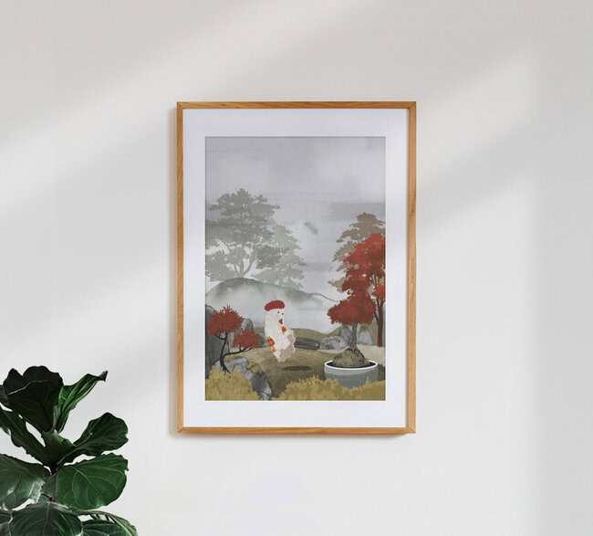 Illustration by Katherine Blower: A ghost in a Zen garden surrounded by maple leaves.