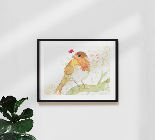 'Robin with poppy' – Wall Art by Marta Casals Juanola as Poster or Acrylic Glass Print
