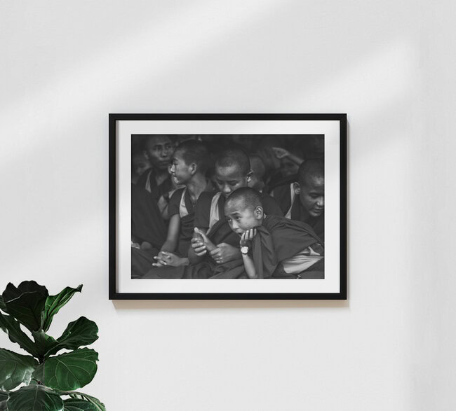 buddhist monks contemplating, Nepal – Fotokunst von Jagdev Singh als Poster oder Acrylglasbild