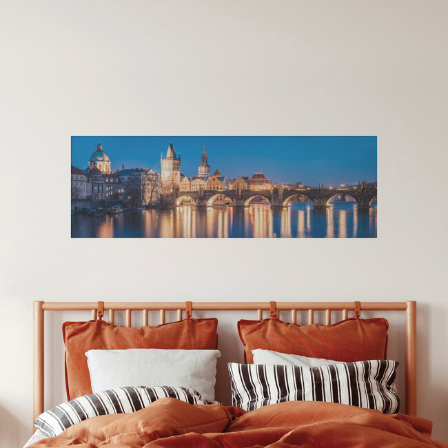 Prag mit Karlsbrücke zur blauen Stunde Panorama, Tschechische Republik – Fotokunst von Jean Claude Castor als Poster oder Acrylglasbild
