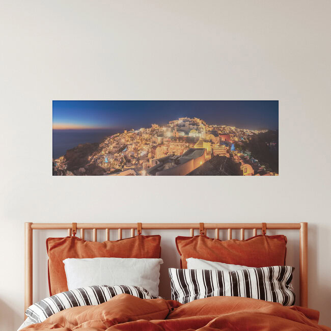 Greece Santorini Oia Panorama Blue Hour, Greece – wall art by Jean Claude Castor as Poster or Acrylic Glass Print