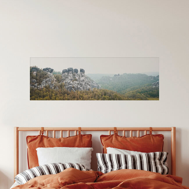 Morning fog sandstone mountains saxony, Germany – wall art by Dennis Wehrmann as Poster or Acrylic Glass Print