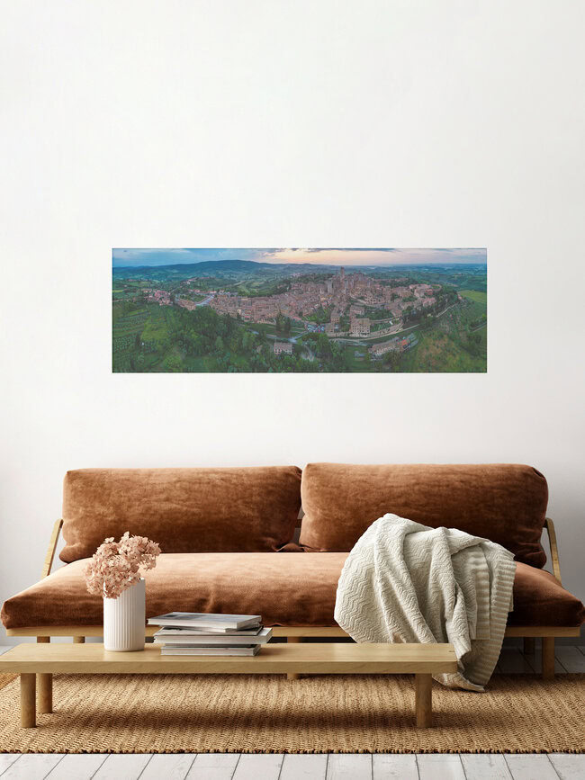 Italien Toskana San Gimignano Panorama aus der Luft, Italy – wall art by Jean Claude Castor as Poster or Acrylic Glass Print